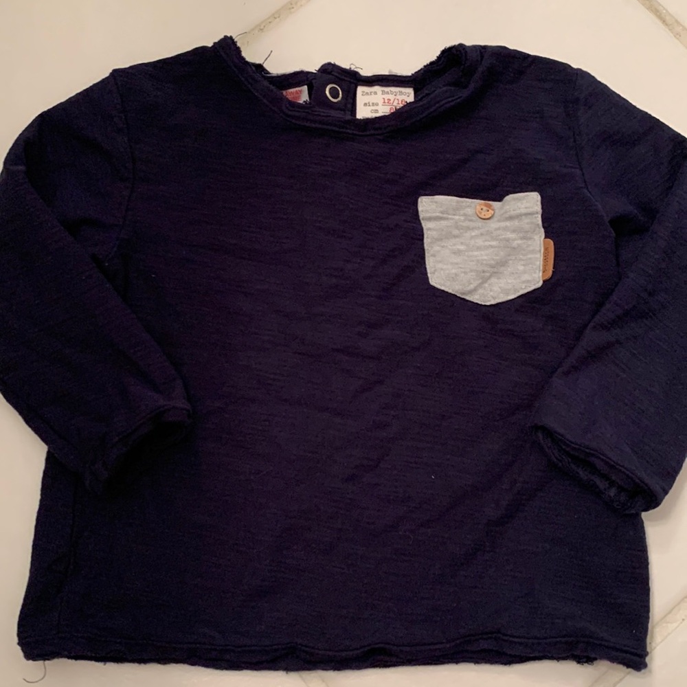 Zara Baby Boy Black Long sleeve shirt w Gray Pocket 12-18 months